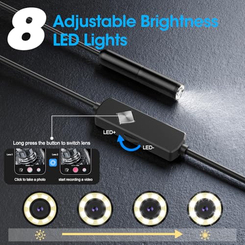Image of Endoscope with Light, 1920P HD Borescope with 8 Adjustable LED Lights, Semi-Rigid Snake Camera, IP67 Waterproof Inspection Tool (16.4ft, Black + Single Lens Wiring Harness)