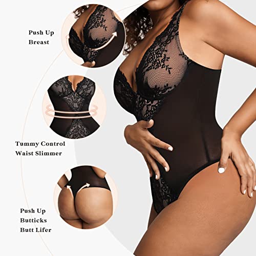 Popilush Lace Bodysuit For Women Tummy Control Shapewear V Neck Backless Tank Tops Fajas Thongs #TOP3