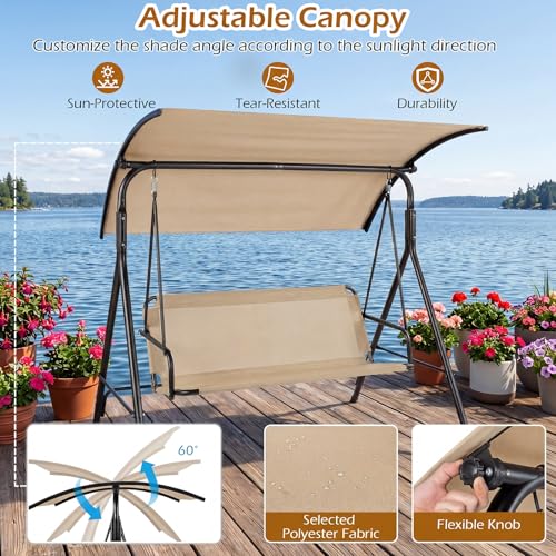 Image of Tangkula 3 Person Porch Swing, Patio Swing with Adjustable Canopy, 800 lbs Heavy-Duty Metal Frame & Breathable Fabric Seat, Outdoor Swing for Backyard Lawn Deck