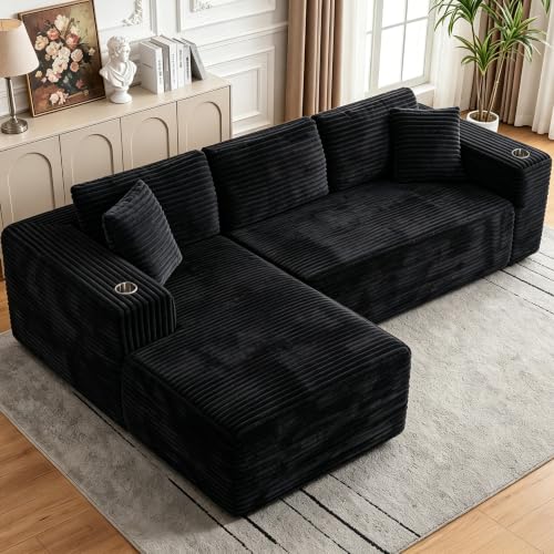 Image of Cloud Sectional Boneless Couches for Living Room,Modular Sectional Sofa with 2 Cup Holders,Memory Foam Cloud Couch with L Shaped Oversized Chaise,No Assembly Needed Plush Corduroy Sofa,Black