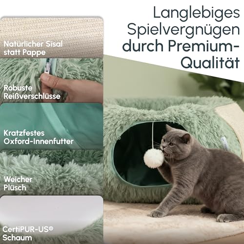 3-in-1 Katzentunnel mit Katzenbett & Kratzflächen | Flexibel nutzbarer Premium Katzentunnel aus weichem Plüsch als Katzenhöhle, Katzenkorb & Katzenspielzeug | Waschbar | Mit Sisal Kratzmatte | Salbei