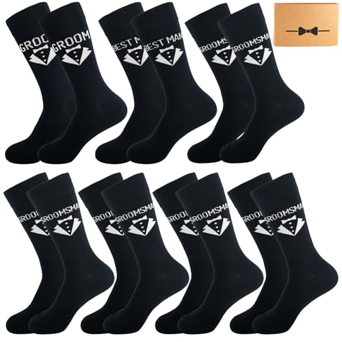 BUENWAZ Team Groom Socks 7 Pack for Wedding Day and Bachelor Party Dress Socks for Groom Best Man Groomsman (Black Size 8-12)