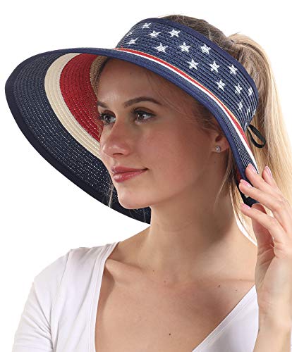 Women Patriotic Sun Visors Foldable Straw Ponytail Hat Summer Beach Usa American Flag Packable Hats Floppy Wide Brim Cap Deep Style, Adjustable Size Uv Protection For Hiking Fashion Accessories #TOP13