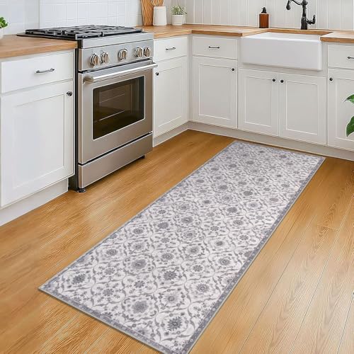 KILOCOCO 2x5 Runner Rug, Moroccan Super Soft Washable Hallway Entryway Runner Rug, Accent Print Faux Wool Kitchen Runner Rug 5 Feet Non-Slip Runners Boho Rug Runners for Laundry Room Bedroom, Grey