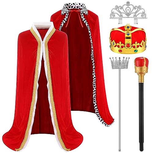 Tisancy 6 Pcs Lord Queen Costume Set Red Emperor and Queen Cape Robe Crown Scepter Medieval Adult Cosplay Costume Set(Classic Style)