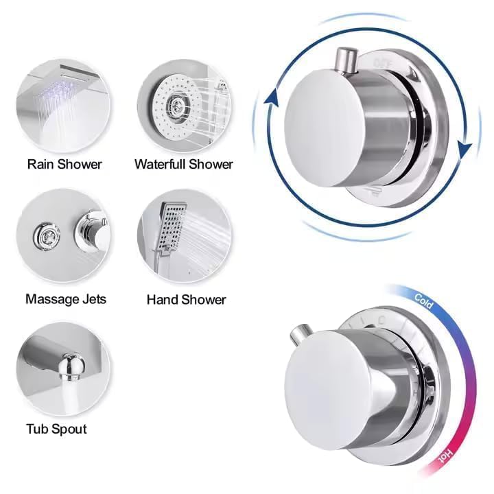 Image of Shower Panel For Bathroom Full Set Stainless Steel 304 Grade | 6 in 1 Shower System With Rainfall Shower, Temperature Display, Body Massage, Spout, Body Jet, Hand Shower (Brushed Matt)
