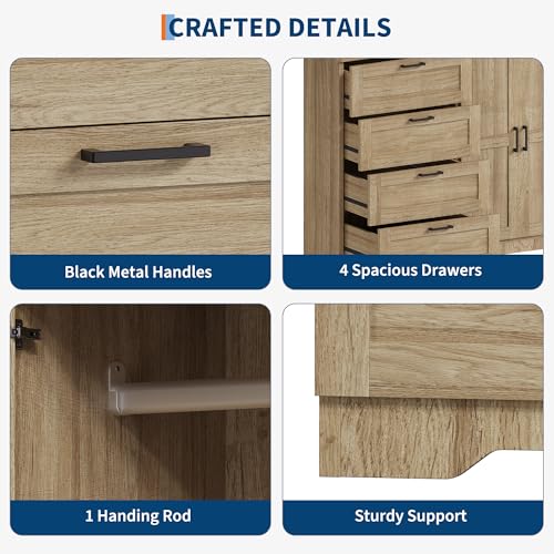 GarveeHome Multifunctional Wooden Dresser for Bedroom, 43.3'' H 2 Door Wardrobe Armoire Closet with 4 Drawers and Hanging Rod, Low Storage Cabinet for Hanging Cloth, Natural Oak