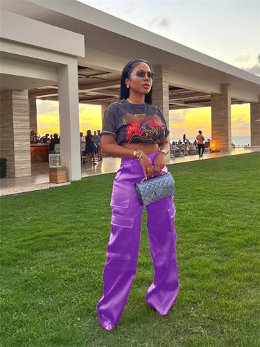 CALEBGAR Womens Cargo Pants Casual High Wasited Wide Leg Parachute Pants with Pockets2