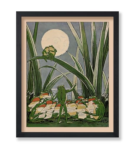 Image of Poster Master Frogs Under The Moon - Frog Print - Lunar Art - Toad - Lake - Grass - Humorous - Funny Beach or Lake House Coastal Wall Decor - 8x10 UNFRAMED