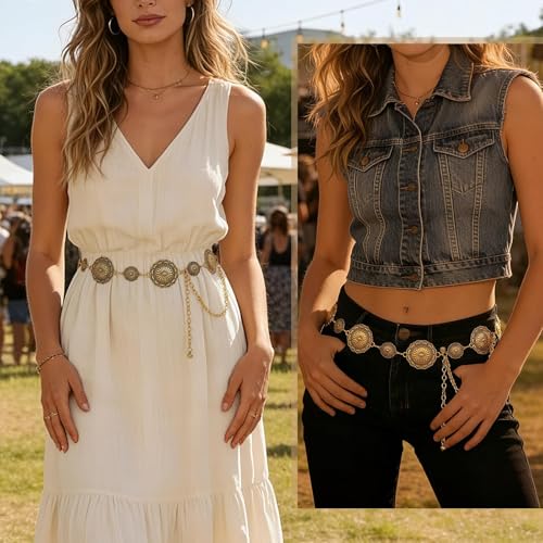 Image of WHIPPY Western Metal Concho Belt for Women Vintage Cowgirl Boho Turquoise Chain Belts for Dresses Jeans