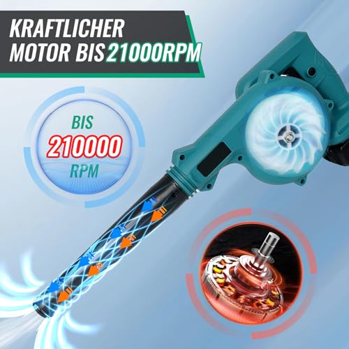 Akku-Laubbläser, Ersatz für Makita, mit 2x3000mAh Akku und Ladegerät,2-in-1 Elektrische Gartenblattgebläse und Staubsauger,18V für Rasenpflege, Laubblasen, Auto und Eckenreinigung – Bild 4