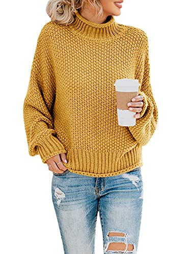 Saodimallsu Damen Rollkragen Oversized Pullover Fledermaus Langarm Pullover Sweatshirt Lose Grobstrick Casual Strickpullover Gelb XL