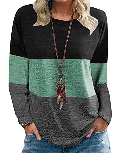 ACLOIN Damen Sweatshirt Langarm Shirt Rundhals Langarmshirt Gestrickt Farbblock Oberteil Hemd Jumper Tops (2Grün, M) Cover