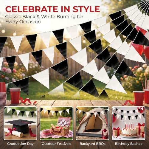 Image of 130FT Black White Triangle Pennant Banner Flag Metallic Fabric Bunting Garland for Christmas Graduation Birthday Wedding Bridal Shower Nautical Ahoy Achor Theme Party Decorations Supplies