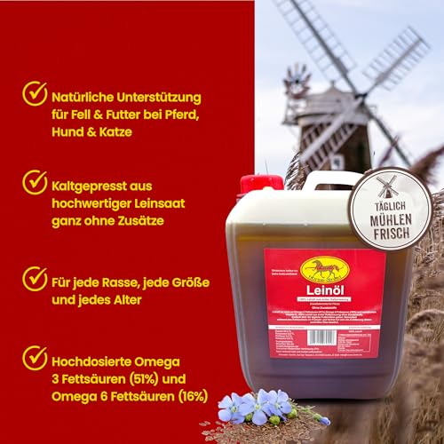Scheidler horse-direkt Leinöl für Pferde, Hunde & Katzen 5 Liter – Mühlenfrisch kaltgepresstes Leinsamenöl ohne Zusätze – Reich an Omega 3 & 6 für Fellwechsel/Barf Öl – Aus Deutschland