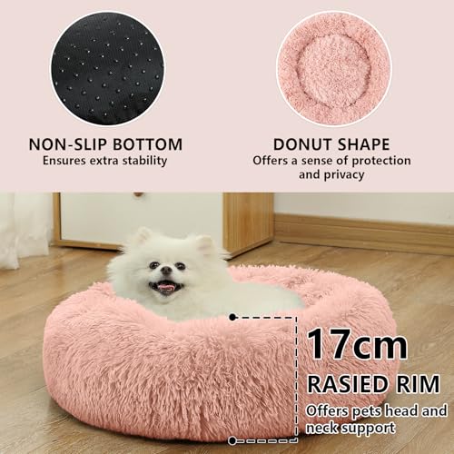 Calming Donut Cat and Dog Bed, Anti-Anxiety Round Plush Pet Bed With Anti-Slip Bottom, Washable for Small Medium Large Pets (S, Pink) - Image 3