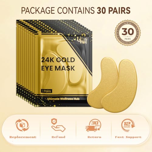 UWH 30P Under Eye Patches for Dark Circles and Puffy Eyes | Infused Gel Under 24K Gold Eye Masks for Skin Care of Puffiness & Eye Bags Treatment for Women Ideal for Beauty Care (30 Pairs, 24K Gold) - Image 5