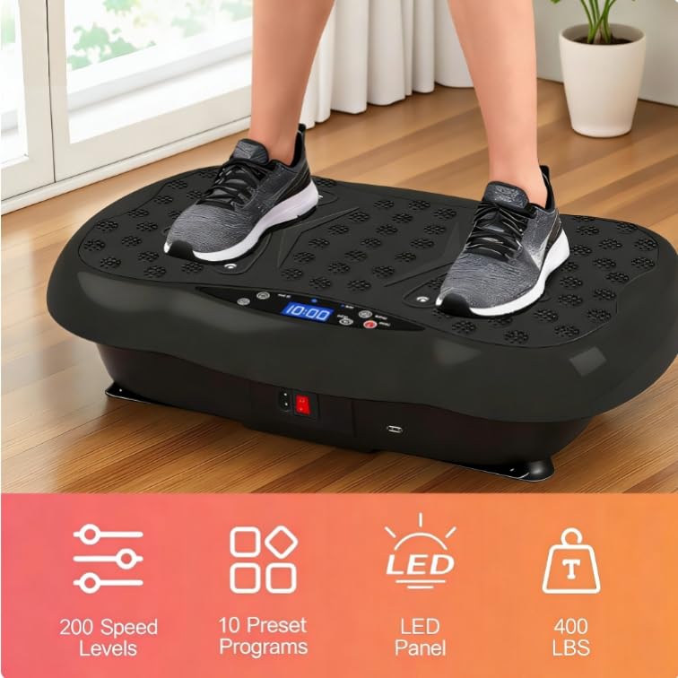 Image of Vibration Plate Exercise Machine for Lymphatic Drainage, 10 Preset Modes & 200-Level Vibrating Platform for Whole Body Fitness, Bluetooth Audio, Home Gym Shake Plate with Resistance Bands