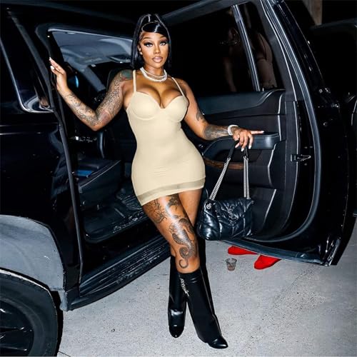 Image of Sexy Bodycon Mini Dress for Women Sweetheart Neck Spaghetti Strap Mesh Hem Party Club Night Out Short Dresses