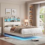 Maupvit Full Size Floating Bed Frame with LED Lights, Full Bed Frame with Bookcase Headboard, Charging Station, Sliding Door, Upholstered Platform Bed Frame, No Box Spring Needed, Beige White