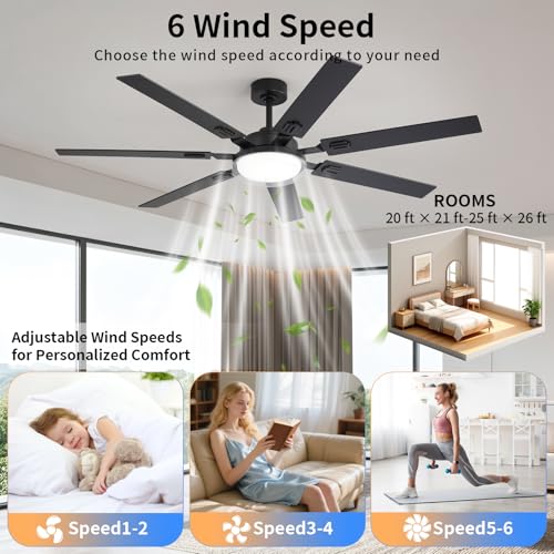 Image of 64 Inch Ceiling Fans with Lights and Remote,Living Room Office Library Cafe Outdoor, 5CCT Dimmable, Dual Color 7 Blades, 6 Speed Reversible Quiet DC Motor, Dual-Layer Shade, Black /Wood Grain