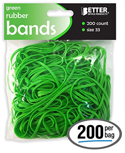 200 Green Rubber Bands, by Better Office Products, Size 33, 200/Bag, Bright Green
