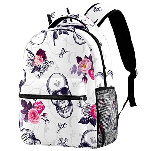 Sac à dos voyage scolaire ado imprimé crâne roses et porte-gourde