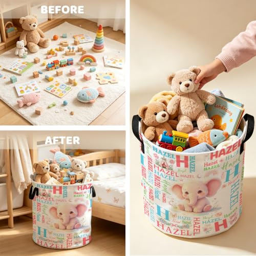 Image of Custom Elephant Laundry Hamper, Personalized Laundry Basket with Name, Customized Dirty Clothes Basket for Clothes Toy Bathroom Bedroom Storage,S-16.5 inchX 13.8 inch