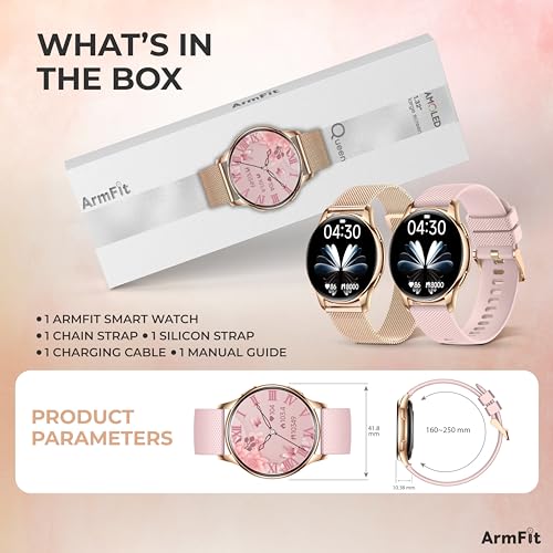 Image of ArmFit Queen Smart Watch With AMOLED Always On Display Smart Watch For Women, BT Calling Waterproof Fitness Watch With Heart Sleep Monitor For Android iOS, Gold