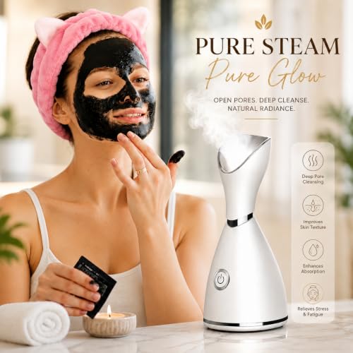 Image of Ionic Facial Steamer for Deep Face Cleaning & Pore Care | Warm Mist Face Spa for Home Use | Facial Moisturizer & Humidifier | Face Steamer with Blackhead Remover Kit & Soft Hair Band
