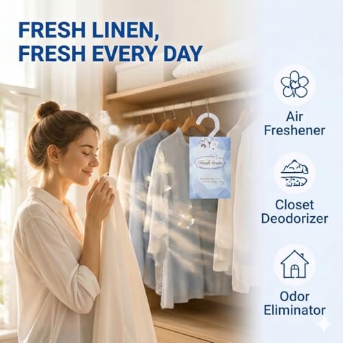 Image of 12 Packs Fresh Linen Hanging Scented Sachets for Drawers and Closets with Retractable Hook| Long-Lasting Closet Air Freshener & Closet Deodorizer | Closet Scent Freshener (Fresh Linen)