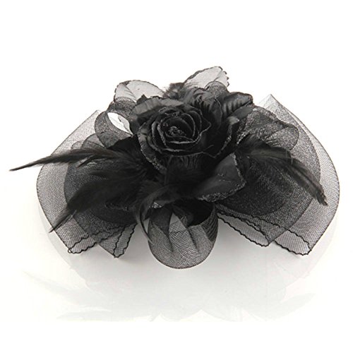 FACILLA® Black Rose Flower Feather Organza Mesh Hair Alligator Clip Fascinator Goth