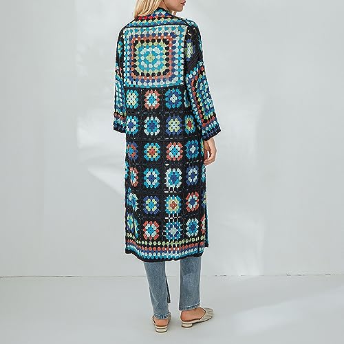 Women Vintage Crochet Granny Square Cardigan Jumper Long Sleeve Open Front Floral Knit Sweater Knitwear Long Cardigan3