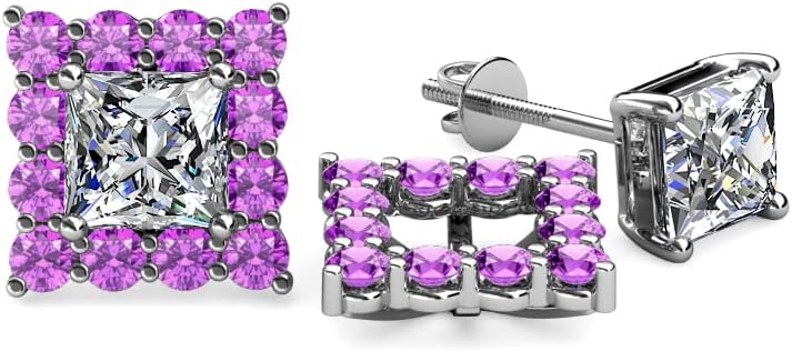 Amethyst Halo Jackets for Princess Stud Earrings 0.72 ctw 14K Gold