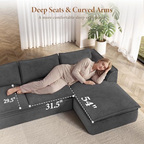 Image of Vesgantti 141.7 inch Oversized Sectional Boneless Sofa with Chaise, 7 Seat Corduroy Modular Couch with Ottoman, Convertible Deep Seat Cloud Sofa for Living Room, No Assembly Required, Dark Gray