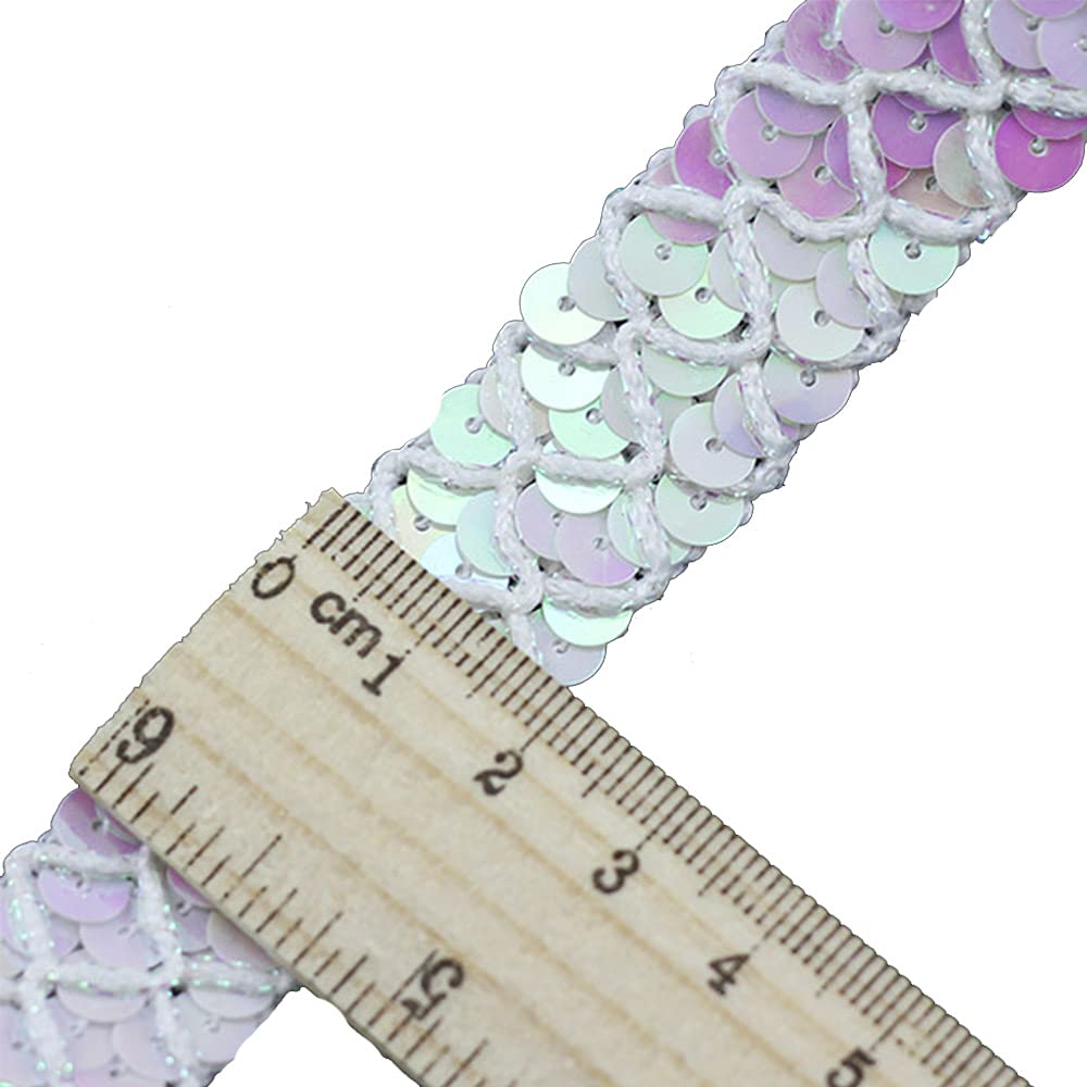 Sunbe shine Beaded Sequin Metallic Lace Ribbon Trim 3row Fabric Applique Decorated Embellishment Sewing Accessories 5yards (White pink)