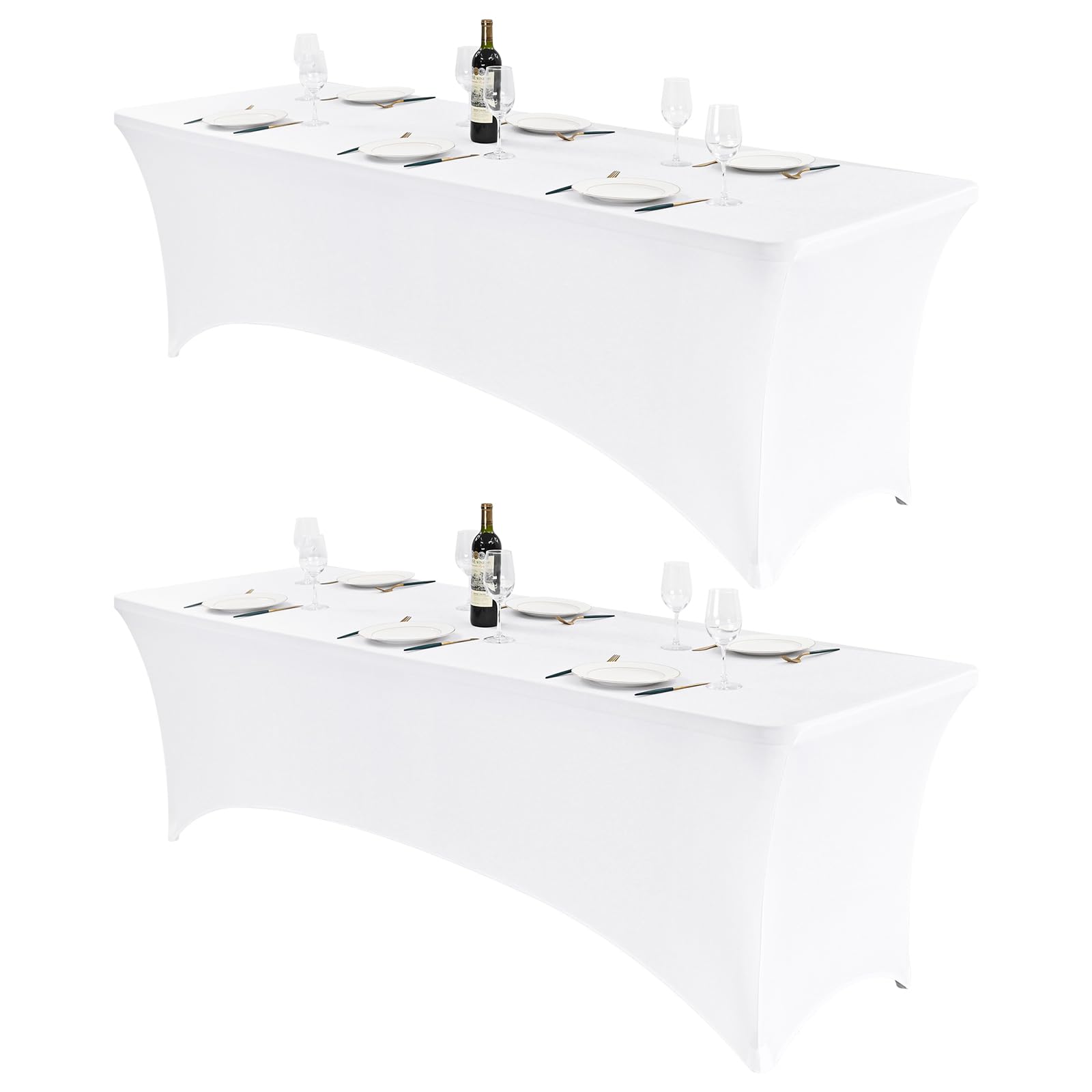 2 Pack White Elastic Spandex Table Covers Stretch Fitted Tablecloth for Standard 8ft Rectangular Table, Easy to Install Washable Table Cover for Wedding Banquet Parties Tradeshow