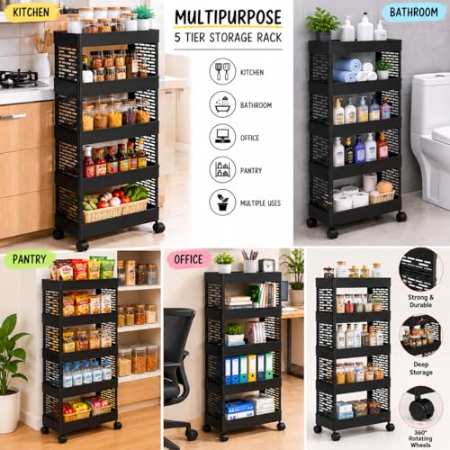 Image of wall love Plastic Storage Rack Trolley with Wheels for Kitchen, Bathroom & Bedroom - Multipurpose Organizer Shelf Rack for Fruits, Toiletries, Snacks and Household Storage (5 Layer)
