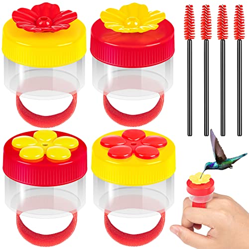 Hand Held Hummingbird Ring Feeders 4Pcs Mini Hummingbird Hand Feeder with 4Pcs Cleaning Brush Window Humming Wild Bird Feeders Tools for Outdoors Supplies