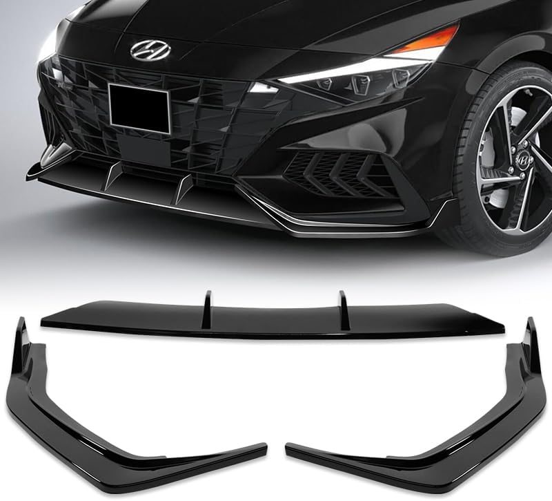 3pcs STP-Style Front Bumper Lip Spoiler Body Kit Compatible with 2021-2023 Hyundai Elantra N-Line (Painted Black)