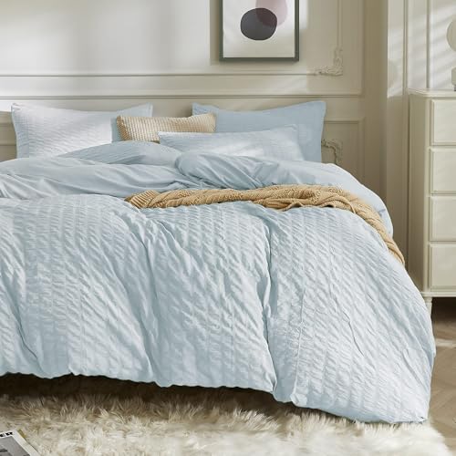Image of JELLYMONI Seersucker Duvet Cover Set King, 3pcs Baby Blue Polyester | In Spacious Master, Couples & Pets, Crinkled Texture, Oeko-Tex Certified, 8 Corner Ties & Hidden Zipper