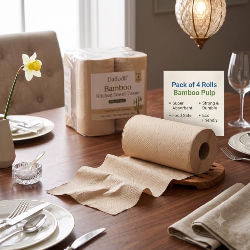 Image of Daffodil Bamboo -2 Ply Kitchen Towel Tissue Roll | 240 Pulls (60 pulls x 4 Rolls) | 100% Eco-Friendly - Pure Bamboo Pulp |Soft & Super Absorbent | Food Safe