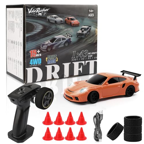 VoleRusher RC [4WD Edition 1/43 Scale Mini RC Drift Car, Toys for Age 8-14 Old Birthday Gifts, High Speed Racing Micro Small with Full Proportional RTR 2.4GHz Remote 2 Tire Sets 8 Cones - Orange