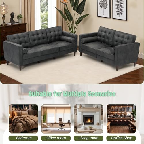 Image of Suede Leather Upholstered Sofa Set with Tufted Backrests, Grey | 3 Seaters Couch and Loveseat Sofa with Bolster Pillows, 2 Pieces Living Room Set for Living Room, House
