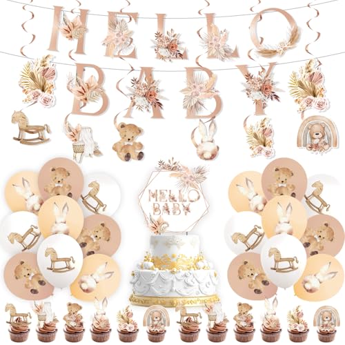 54 PCS Baby Shower Decorations Neutral Pampas Grass Bohemian Rainbow Party Decor Includ Boho Rainbow Baby Shower Banner Hanging Swirl Cake Topper Balloons for Boho Birthday Wedding Bridal Shower