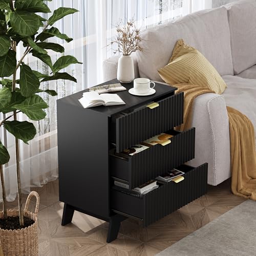 Image of Wodeer Night Stand Set 2, Bedside Table & End Table, Mid Century Modern Fluted Wood Nightstand with 3 Drawers & Metal Handles, Farmhouse Nightstand for Bedroom, Black