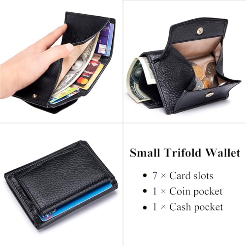 Small Wallet Women Genuine Leather RFID Blocking Trifold Tiny Wallets with Snap Coin Pouch 7 Card Solts4