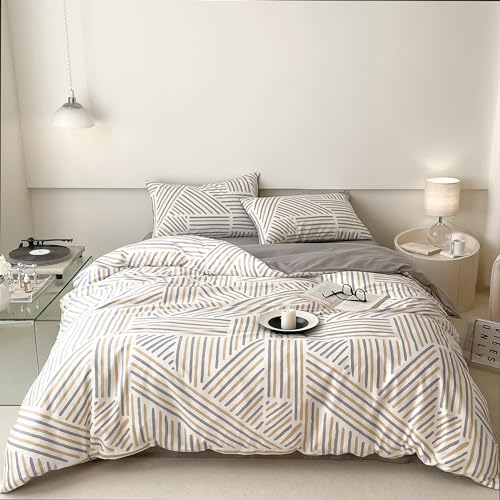 GETIYA Gelb Grau Streifen Bettwäsche 135x200 Baumwolle Bettbezug Damen...