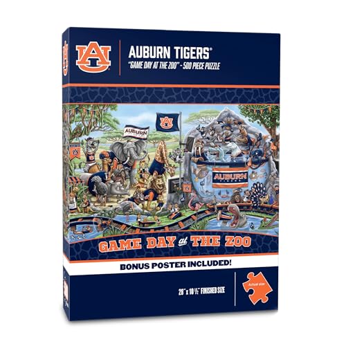 Image of YouTheFan NCAA Auburn Tigers inchGame Day At The Zoo inch 500 Puzzle | 500 Pieces, 10.5 inch X 28 inch Size, Original Hand Drawn Artwork, Funny Zoo Scene, Officially Licensed, Team Specific