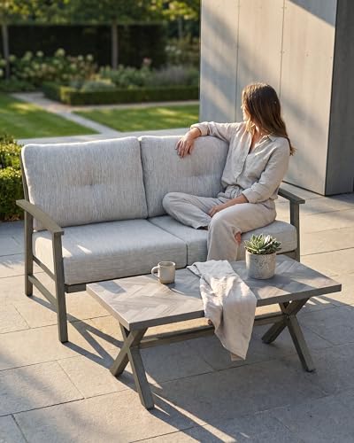 Image of Patio Furniture Loveseat Sofa, Outdoor Aluminum Couch with 5.9'' Soft Cushion, All-Weather Outdoor 2 Seats Patio Furniture Sofa Couch for Garden, Poolside, Lawn, Limed Oak